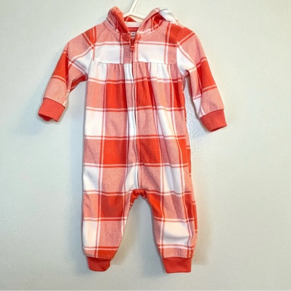 Carter’s 6M Orange & White Plaid Fleece Hoodie Jumpsuit